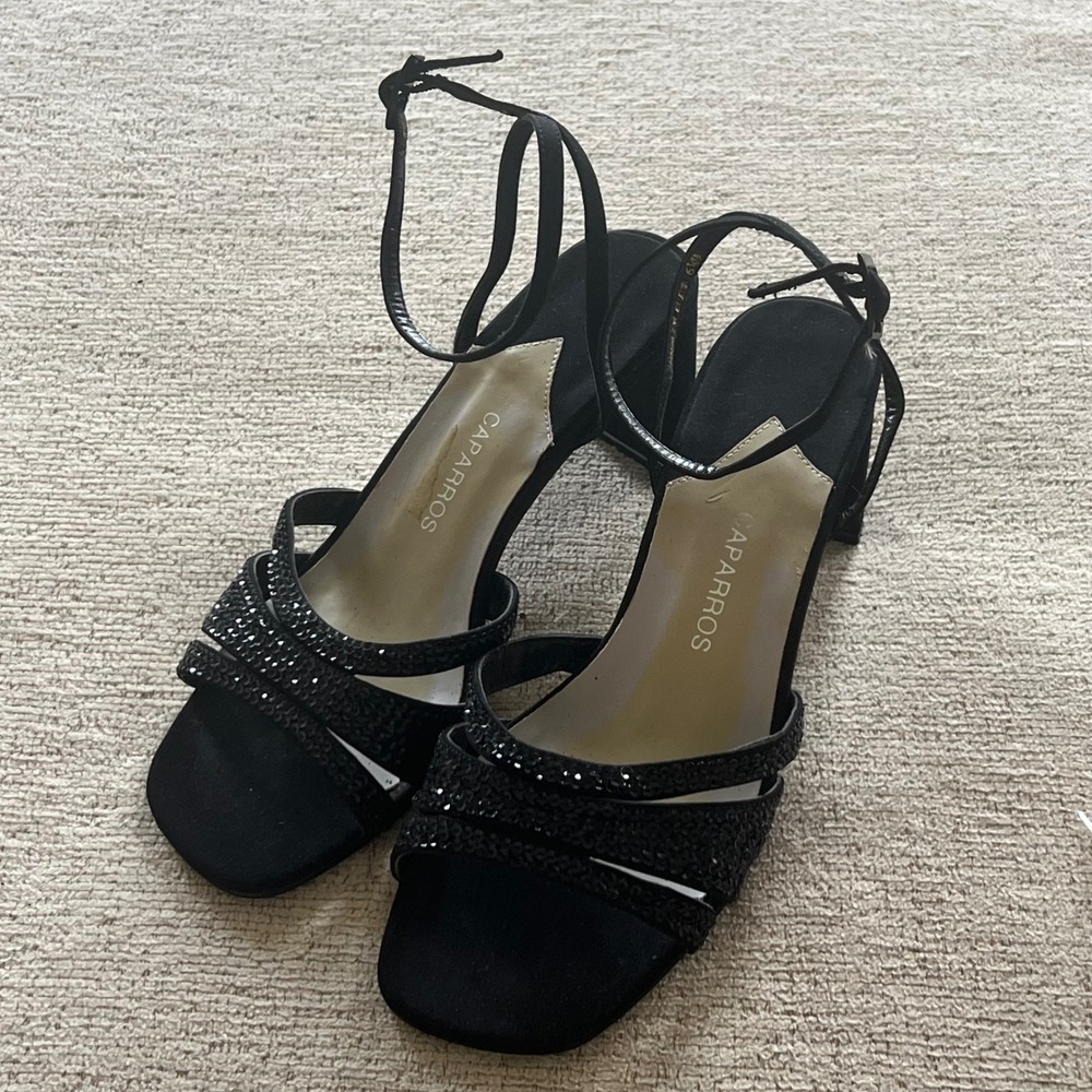 Caparros Hendrix‎ Black Silk Block Heel Sandals Women's 6.5M Leather Sole